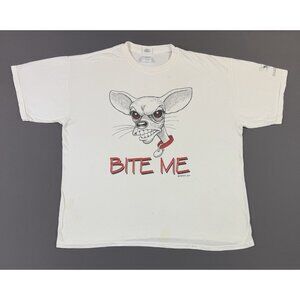 Vintage 1999 Bite Me Dog Art Chihuahua Funny White XL Shirt South Dakota Rare T